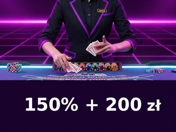 Obraz stołu z krupierem Live Casino i grafiką 150% + 200 darmowych spinów